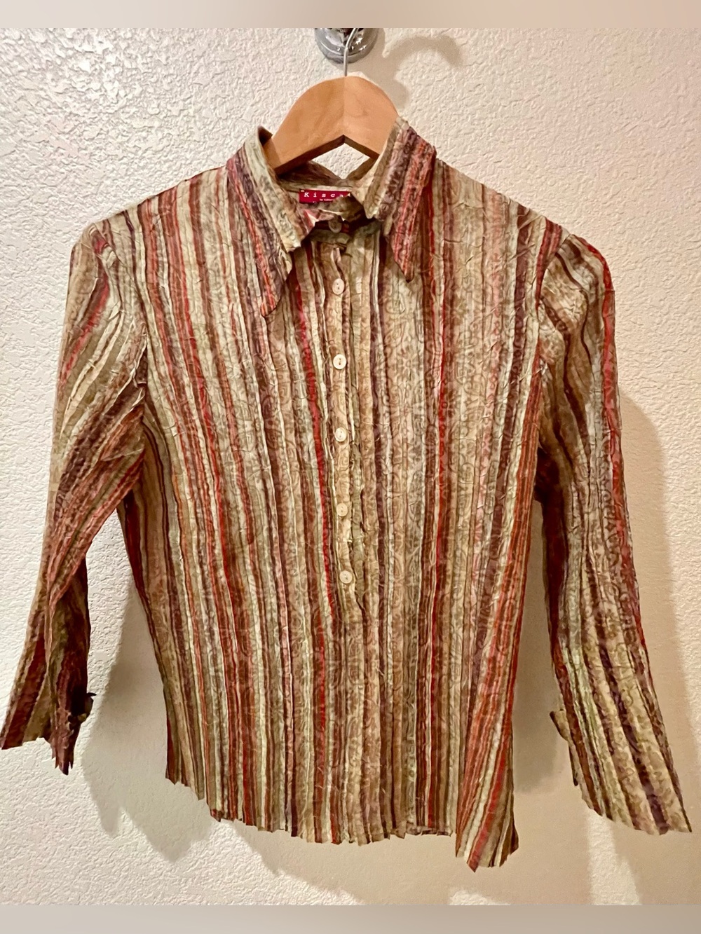 Kisca by Komarov Striped Button-Down Shirt in Olive, Rust & Cream